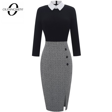 Vintage O neck Side Split Business Patchwork Office Elegant Autumn Winter Pencil Dress EB568