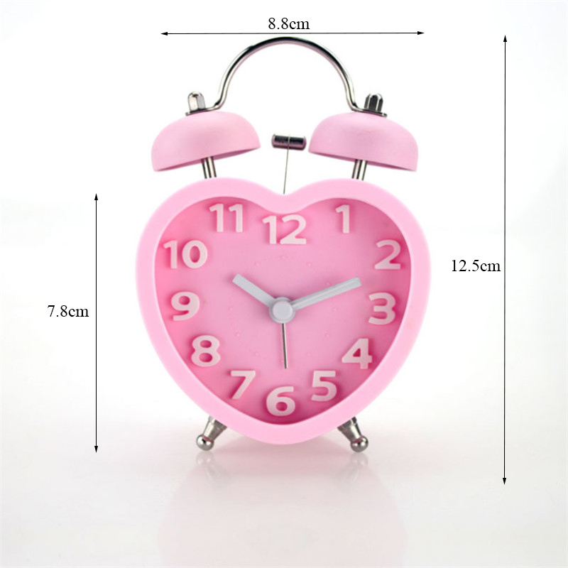 Cute Small Double-Bell Night Light Children Mini Quartz Alarm Clock Modern Heart-shaped Silent Student Stereo Table Clock