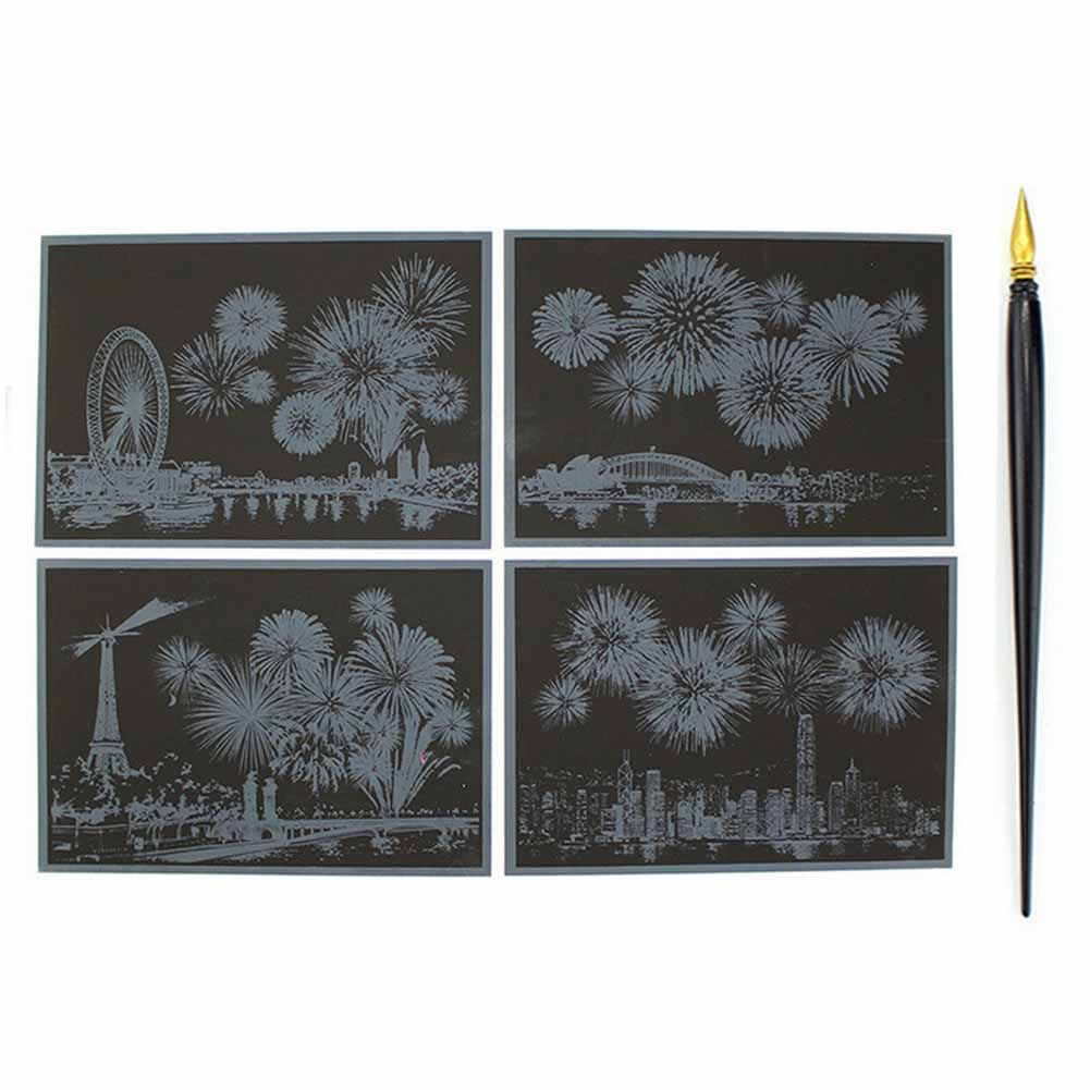Magic Engraving Art Colorful Night View Set Scratch Craft Drawing Paper Pen Set 4pcs Postcard with 1pc Scraper Fireworks Pattern