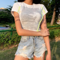 WannaThis Splice O-Neck Short Sleeve T shirt Aysmmetric Hem Pattern Printed Slim Crop Top Summer Casual Streetwear Tshirt Women