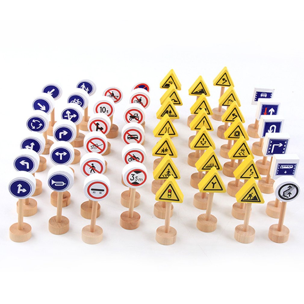 50Pcs Wooden Street Road Traffic Signs Model Block Educational Kids Toy DIY Mini Signpost Traffic Scene Educational Toys New