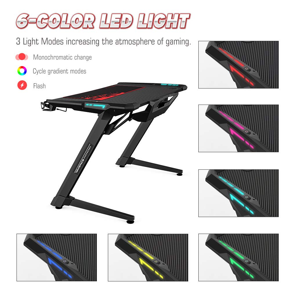 47 Inch Z-Shape Ergonomic Gaming Desk with RGB LED Light E-sports Computer Table Desk Workstation with Headphone Rack &Mouse Pad