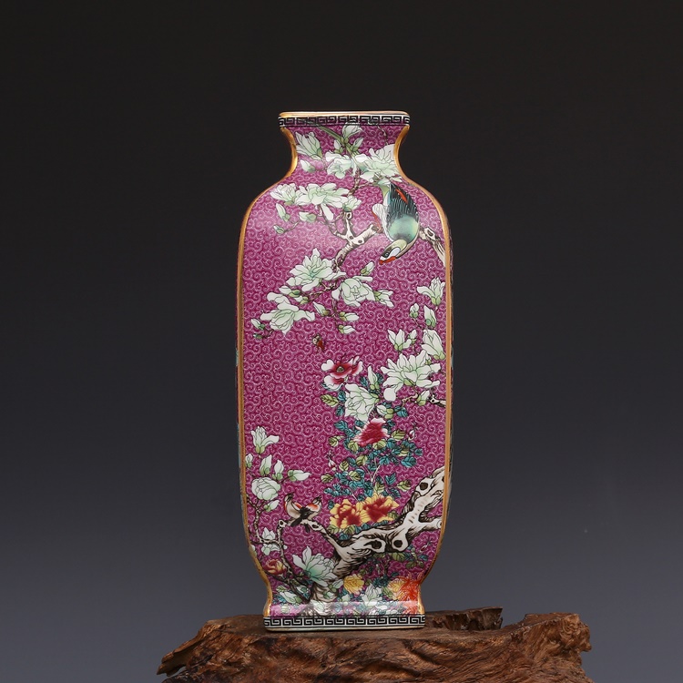 Qing Dynasty Qianlong year mark enamel flower and bird square big vase antique porcelain ancient porcelain collection