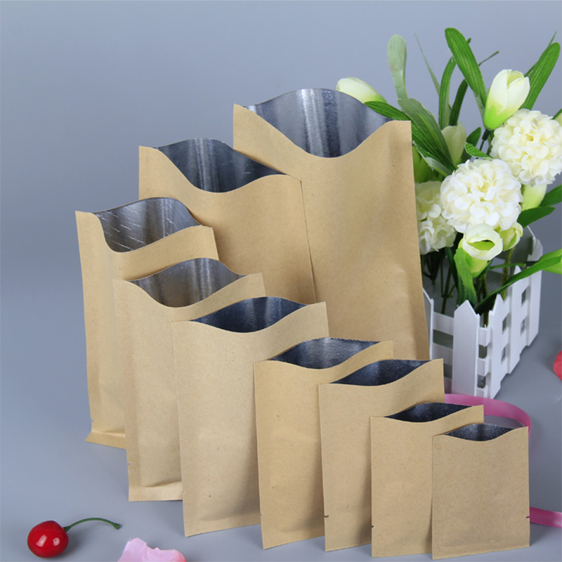 Free Shipping 200pcs/lot 8 Sizes Open Top Flat Kraft Paper Al Foil Laminated Heat Sealable Vacuum Pouches Tea Packaging Bags