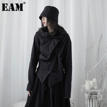 [EAM] Women Black Irregular Hem Big Size Blouse New Satnd Collar Long Sleeve Loose Fit Shirt Fashion Spring Autumn 2021 1DB175