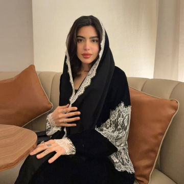Lace Trim Kimono Abaya Open Front Cardigan Dress
