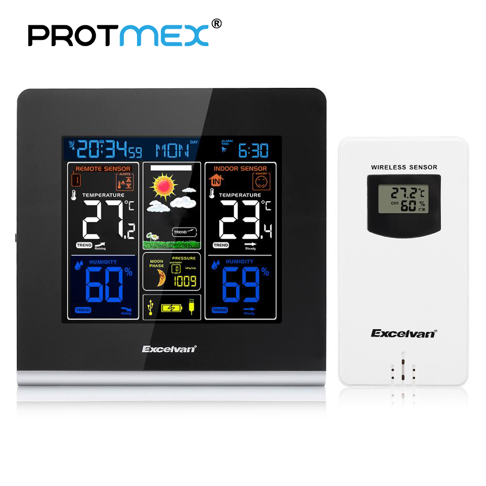 Protmex 3379C Digital Weather Station Wireless + Indoor Outdoor Sensor Temperature Instruments Hygrometer Thermometer Clock