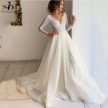 vestidos de novia 2020 A-line Wedding Dresses V neck Long Sleeves Bridal Dress Lace Princess Wedding Gowns With Belt plus size