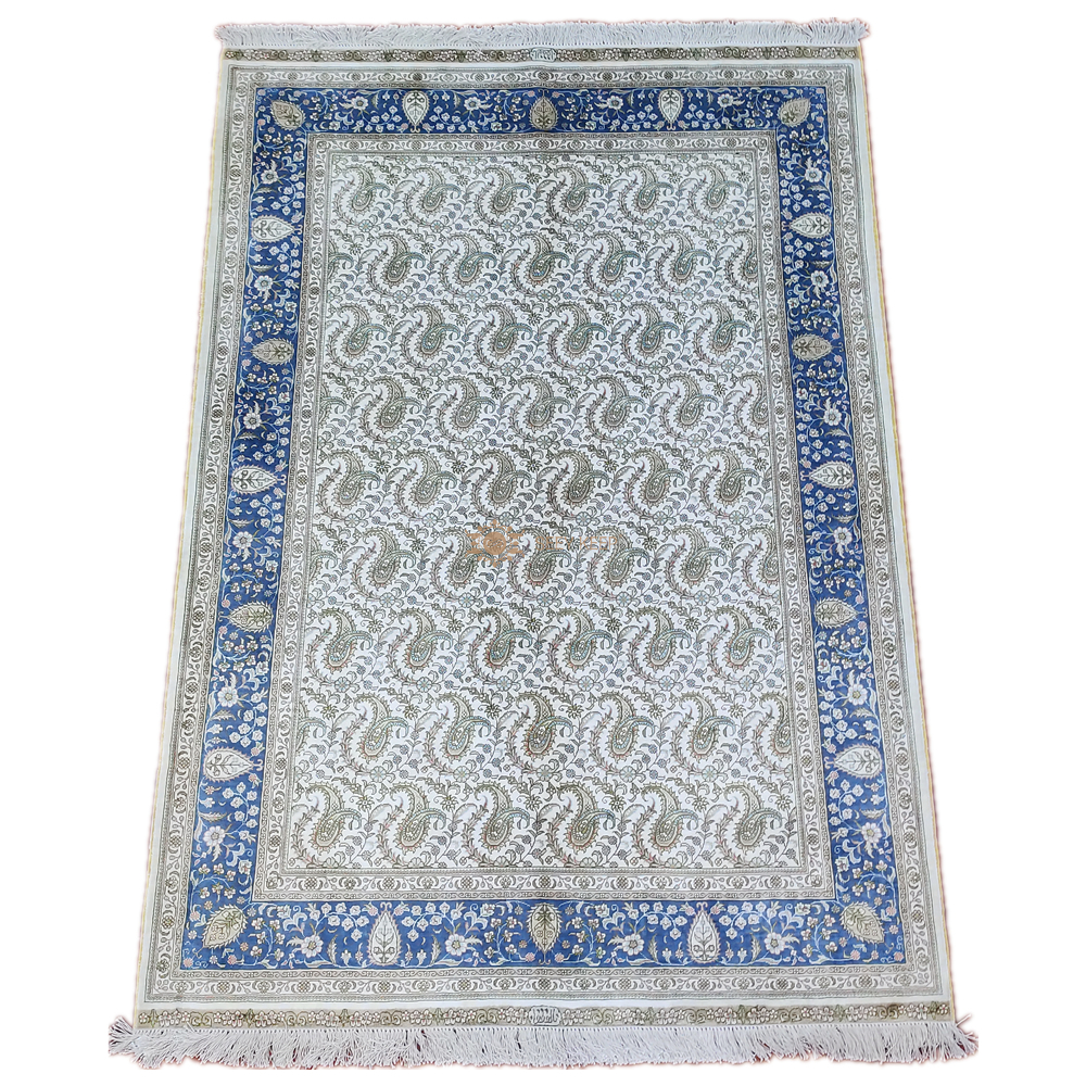 Seeykeep™ 4.5x6.5ft Rectangle Pure Silk Handknotted Light Blue Floral With Boteh Motif Rug-SK3036173