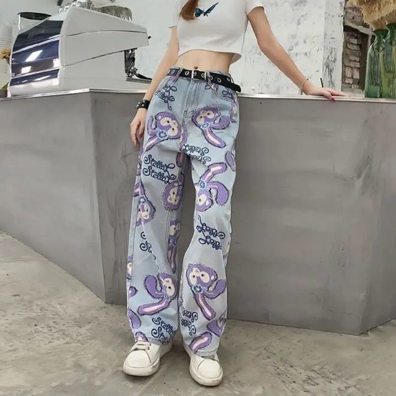 Women Jeans High Waist Loose Straight Pants 2020 Cartoon Printed Zipper Casual Female Long Trousers Large Size Mom Long Pants