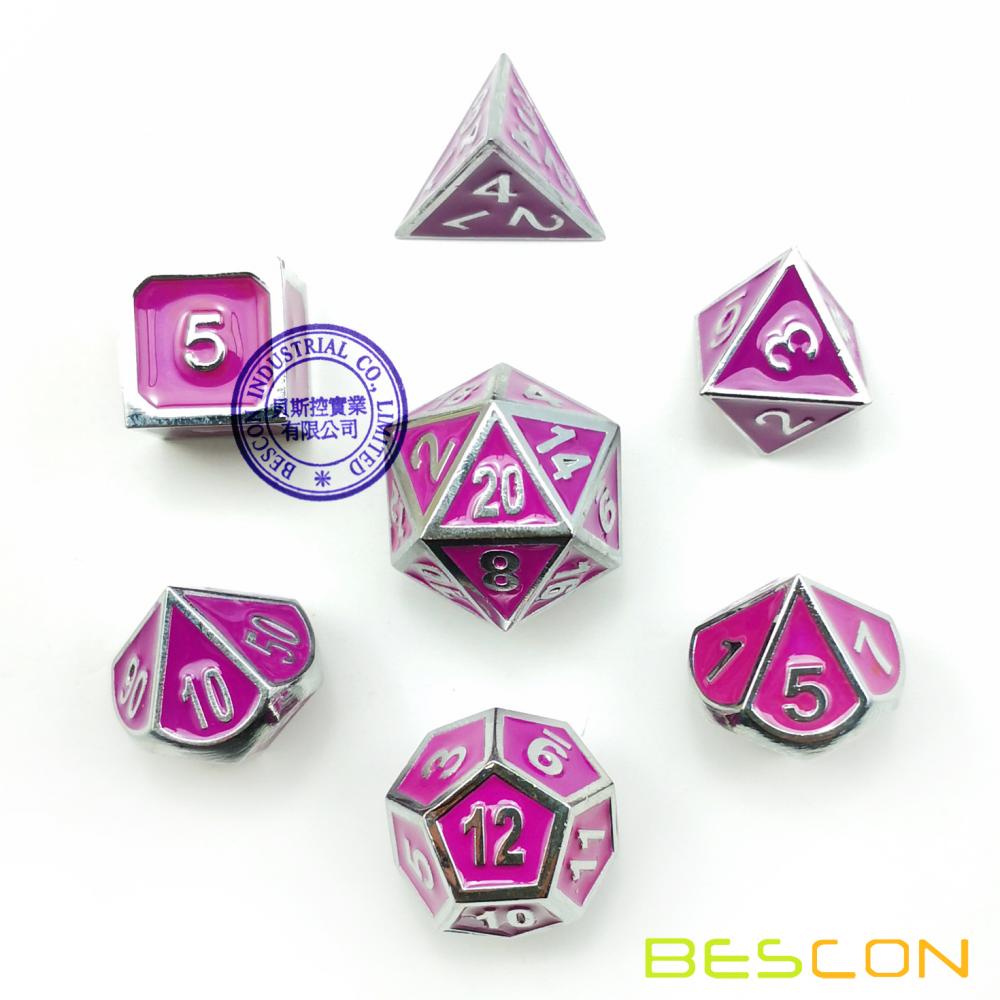 Bescon Deluxe Creative Shiny Silver and Purple Enamel Solid Metal Polyhedral Role Playing RPG Game Dice Set of 7