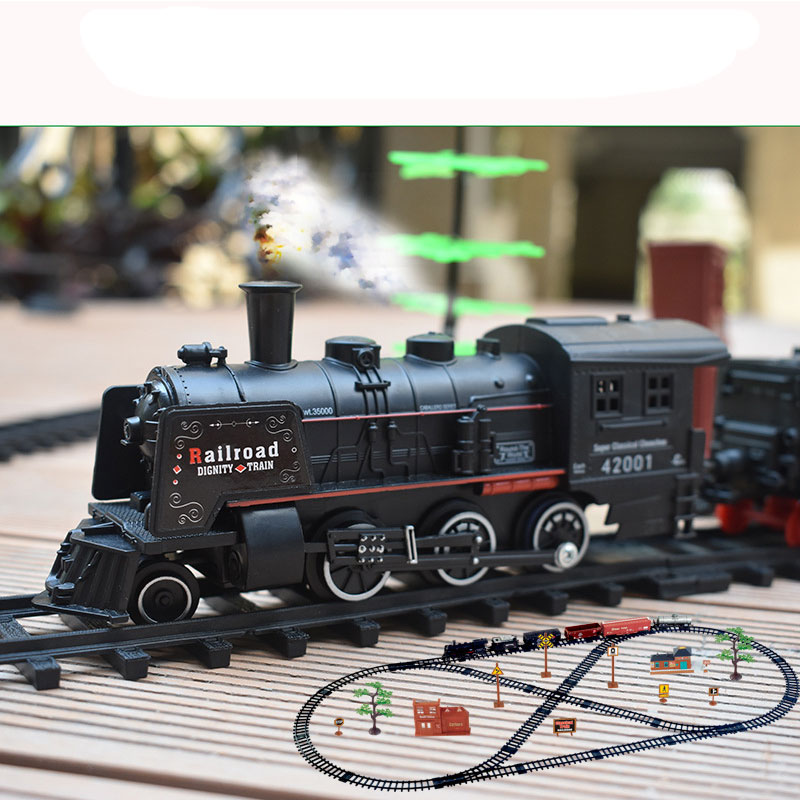 Simulation Classical Long Steam Train Track Electric Toy Trains for Kids Truck for Boys Railway Railroad Birthday Gift