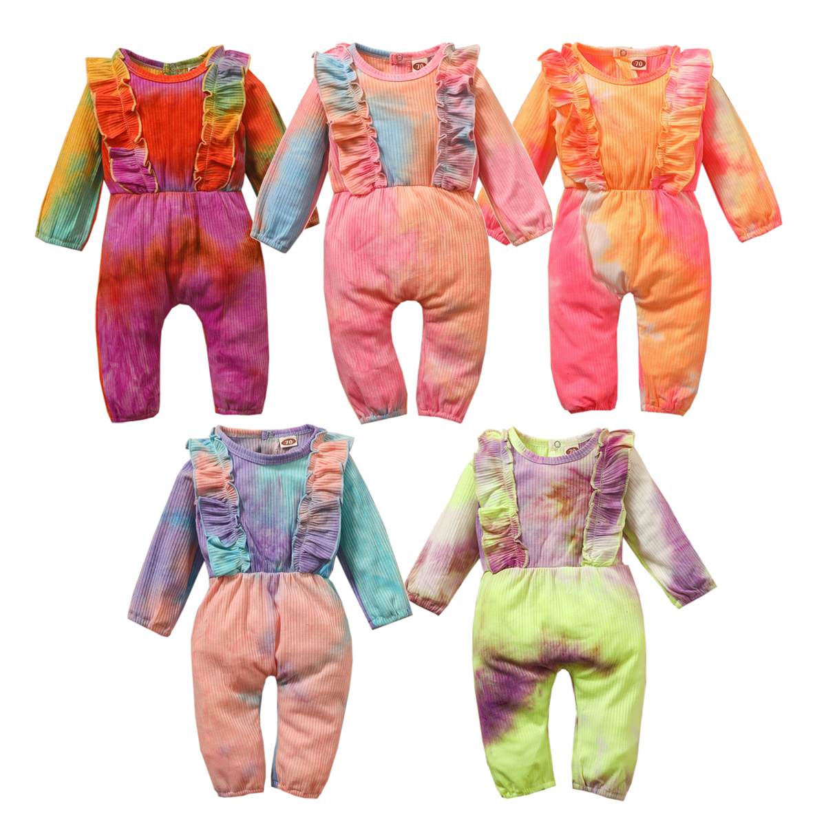 Newborn Baby Girl Tie-Dye Ribbed Jumpsuit, Long Sleeve Ruffle Trim Romper Back Button Playsuits One-Piece Spring Fall Clothes