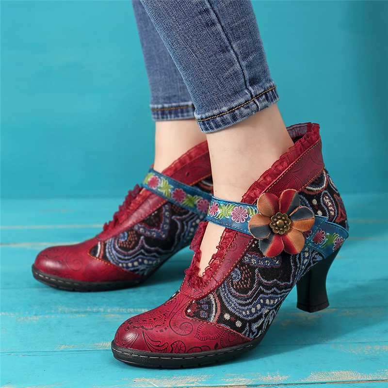 Socofy Lace Brim Bohemian Pumps Women Shoes Woman Retro Genuine Leather Hook&Loop Flower High Heels Pumps 5cm Ladies Shoes New