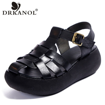 DRKANOL Retro Women Sandals 2021 Wedge Platform Gladiator Sandals For Women Summer Shoes Genuine leather High Heel Sandal Female