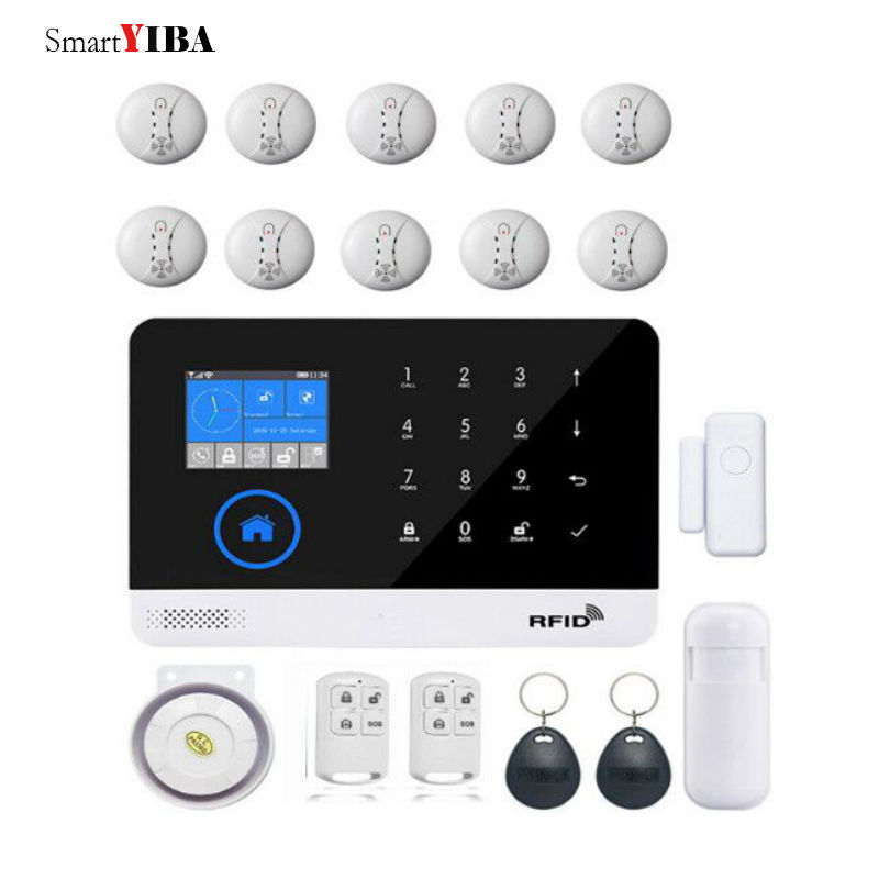 SmartYIBA WIFI RFID APP Smoke Fire Detector Sensor Alarm Kits Wireless GSM Alarm Remote Security Protection System Home Alarm