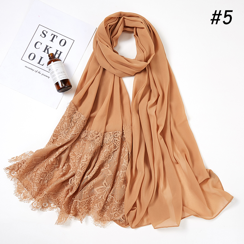 Woman Plain Lace Scarf Buble Chiffon Muslim Scarf Shawl Muslim Solid Color Lady Muffler Luxury Foulard Hijabs