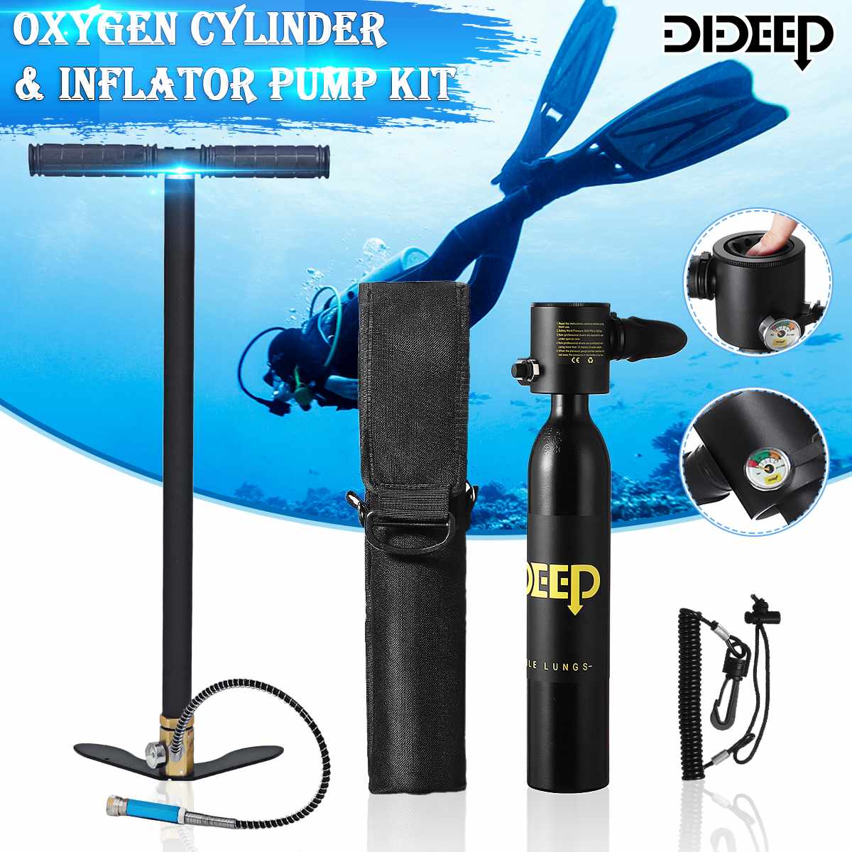 DIDEEP Black 0.5L Mini Scuba Cylinder Scuba Oxygen Reserve Air Tank+Respirator Bag Hand Pump Snorkeling Breathe Diving Equipment