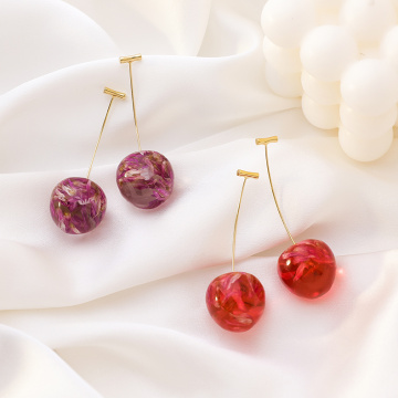 Elegant Temperature Simple Style Resin Embedded In Dried Flowers Fresh Cherry Earring Boucle D'oreille Pendientes Mujer Moda