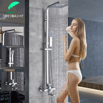 Chrome Bathroom Shower Faucet Set Wall Mounted 8'' 10'' 12'' Square Rainfall Shower Head Dual Handle Hot Cold Bath Shower Set