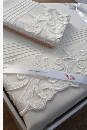 New Collection-DowryWorld-French Laced Ribbed Belinda Duvet Cover Set Cream %100 Cotton