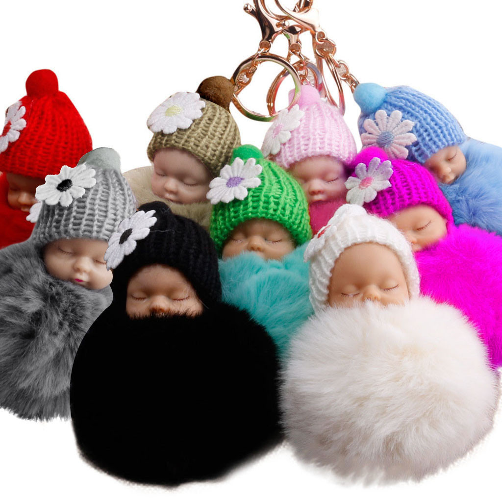 #40 2021 Cute Fur Fluffy Pompom Sleeping Baby Doll Key Chains Keyrings Bags Charm Pendant Metal Plating And Plush