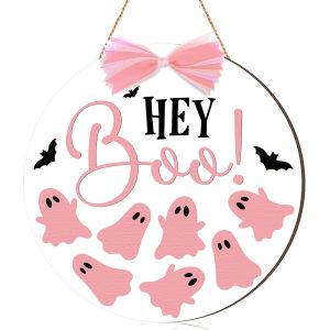 Hey Boo Pink Ghost Wooden Door Hanger