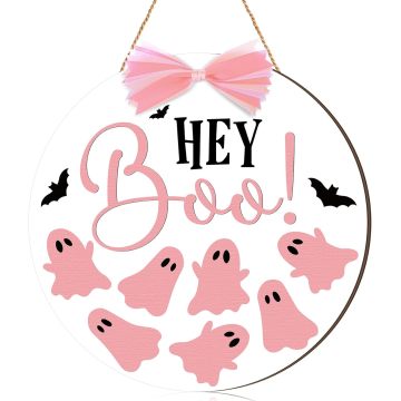 Hey Boo Pink Ghost Wooden Door Hanger