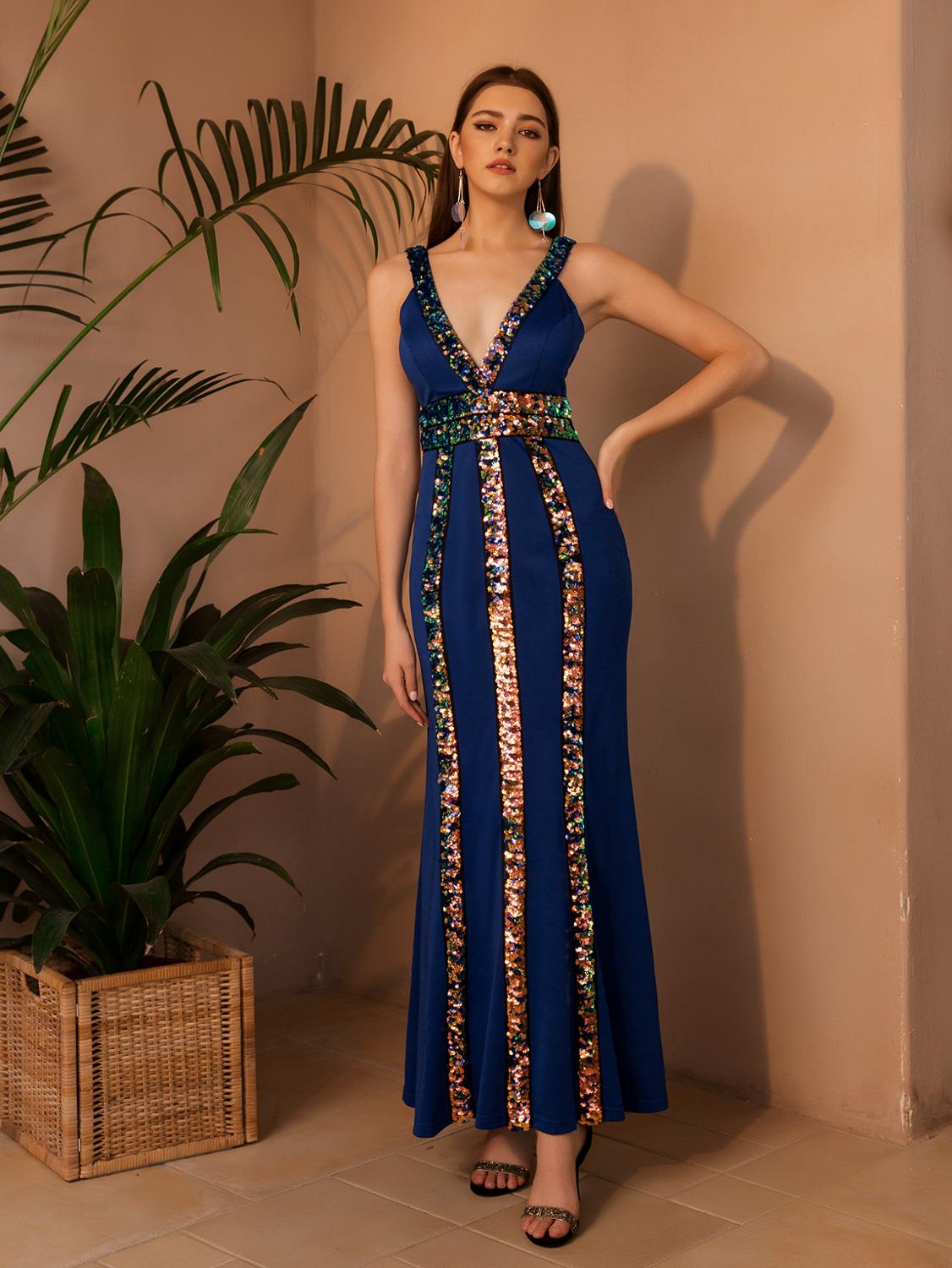 Angel-fashions V Neck Sequined V Back Mermaid Long Prom Dress Blue 553