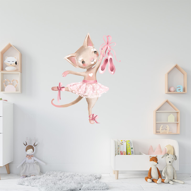 Cute Grey Bunny Ballet Rabbit Wall Stickers for Kids Room Cat Baby Nursery Wall Decals Pink Flower for Girl Room Home Decoration