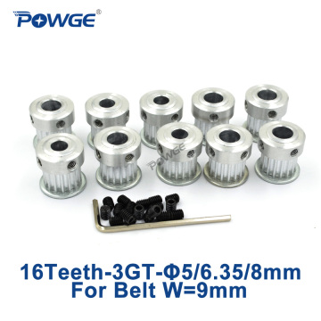 POWGE 10pcs 16 Teeth 3GT Timing Pulley Bore 5/6.35/8mm for width 9mm 3MGT GT3 Open Belt Small Backlash Timing pulley 16Teeth 16T