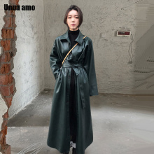 Unua amo PU Leather Jacket Woman Long Trench Coat With Belt 2021 Fashion Loose Autumn Faux Leather Women's Windbreaker