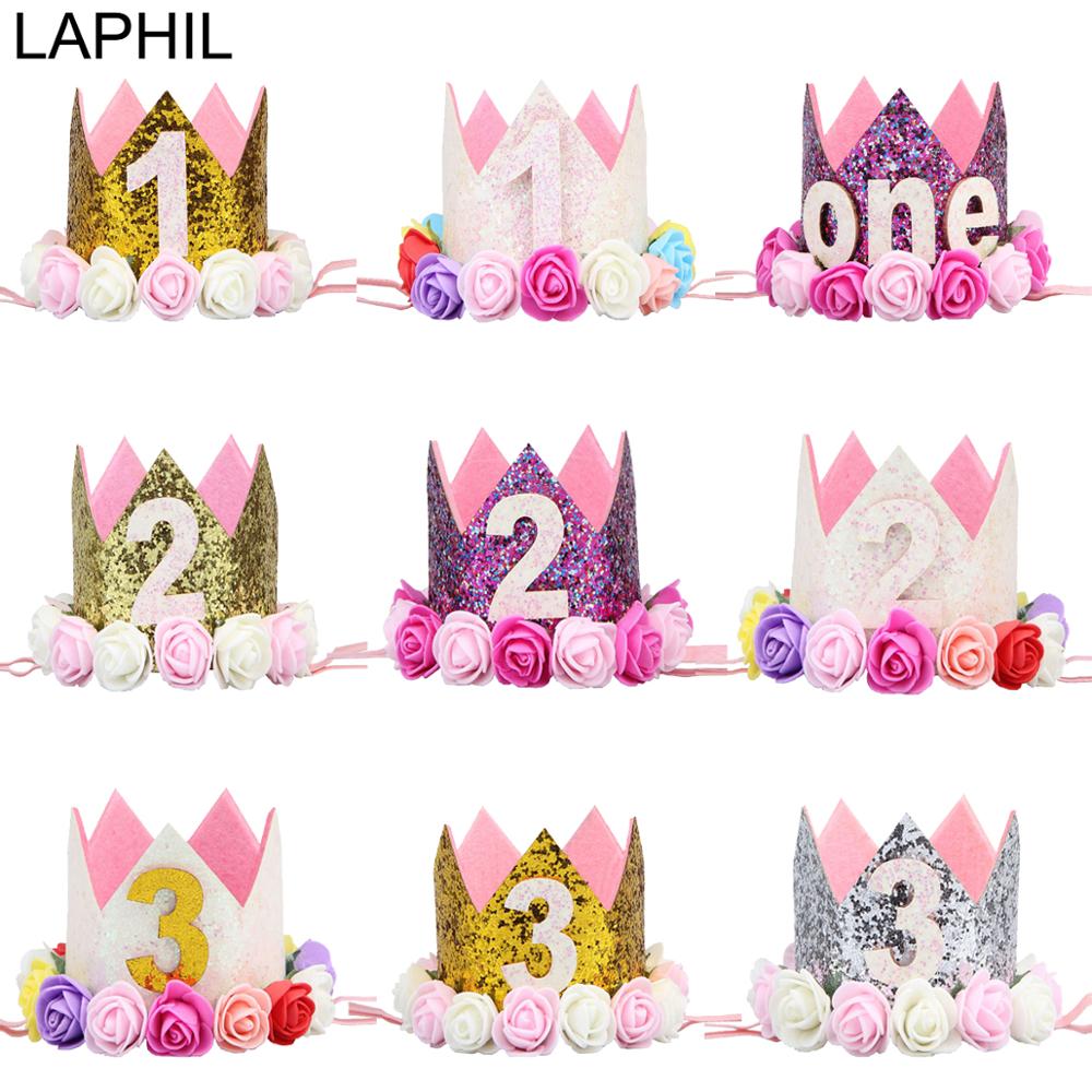 LAPHIL My First Birthday Party Hat Cap Gold Silver Flower Crown Happy 2nd Birthday Party Decorations Kids 3rd Party Supplies