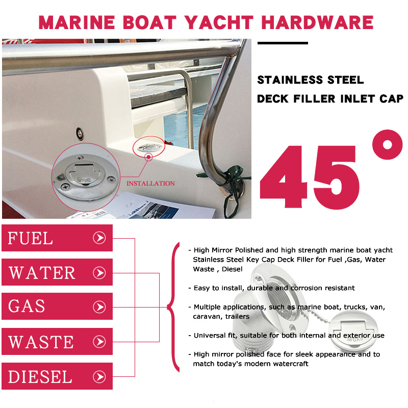 45° Degree 316 Stainless Steel Fuel Water Waste Diesel Gas Key Cap Deck Filler Yacht Boat Marine Hardware Motorhome Accessories