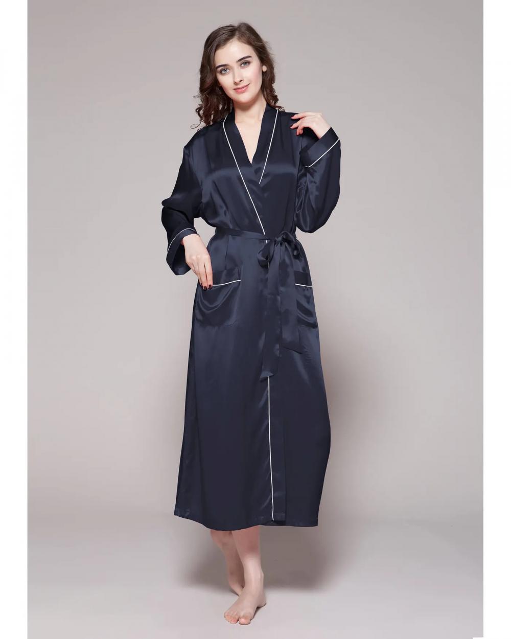 19 Momme Contra Trim And Full Length Women's Silk Robe Silky Kimono Bathrobe for Bride Bridesmaids Wedding Party Loungewear Long