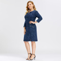 LIH HUA Women's Plus Size Denim Dress Elasticity Knitted Denim Dresses Slim Fit Casual Dress Shoulder Pads Midi Dress