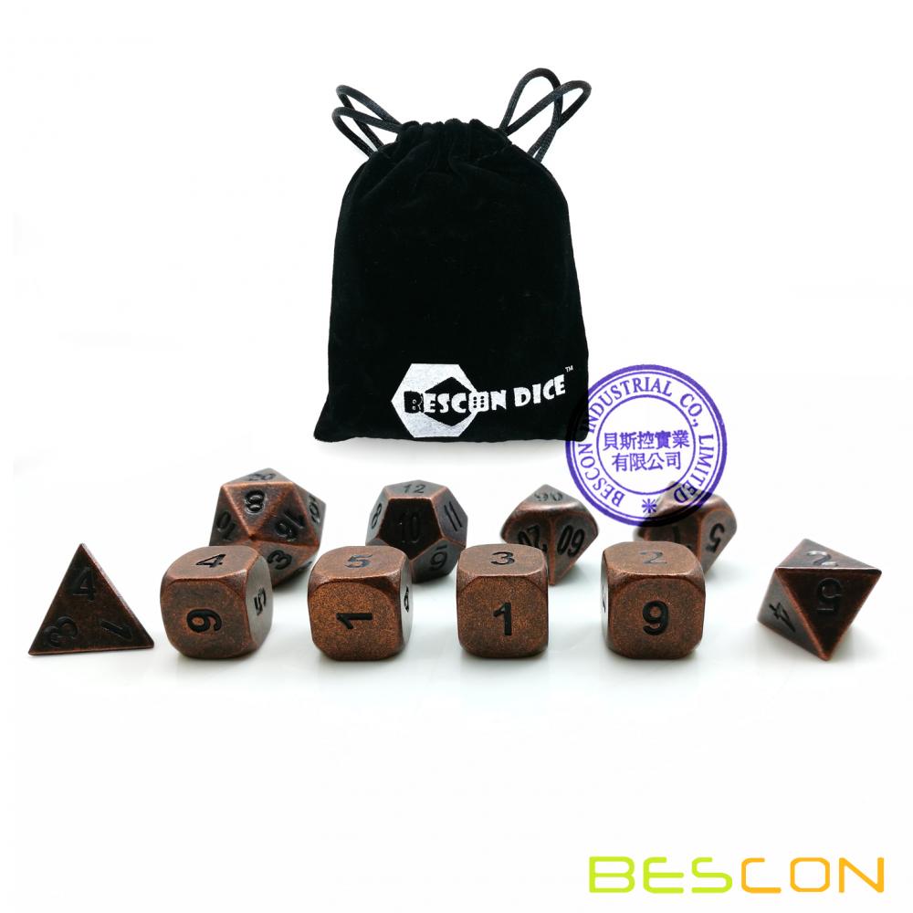 Bescon 10pcs Set Antique Copper Solid Metal Polyhedral D&D Dice Set, Old Copper Metal RPG Role Playing Game Dice 7+3 Extra D6s'