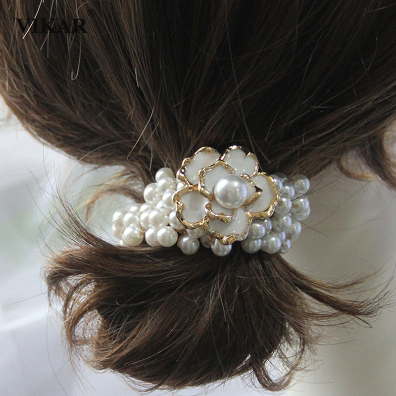 Women Flower Pearls Headwear Girls Sweet Ponytail Holder Scrunchies Elastic Hair Bands Rubber Bands Fashion Hair Accessories