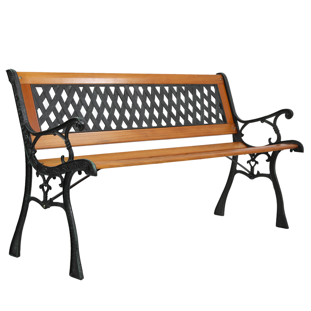 49in Outdoor Patio Porch Garden Bench Chair Deck Hardwood Cast Iron Love Seat Weave Style Back Easy to Assemble Clean U.S. Stock