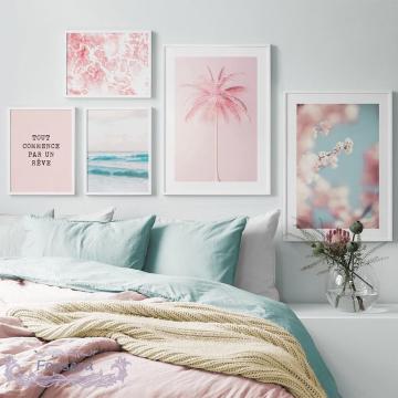 Pink Flower Seascape Canvas Painting Wall Art Print Letter Poster Palm Tree Sea Wave Cherry Blossom Pictures for Living Room