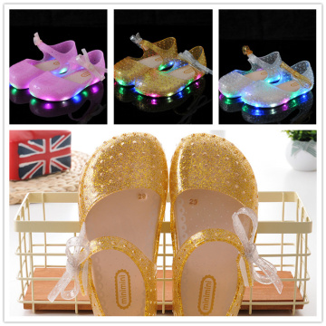 Summer Girls LED Sandals Crystal Shoes Girl Children Soft Princess Sandals Baby Jelly Shoes Bow-knot Girls Glowing Luminous Shoe