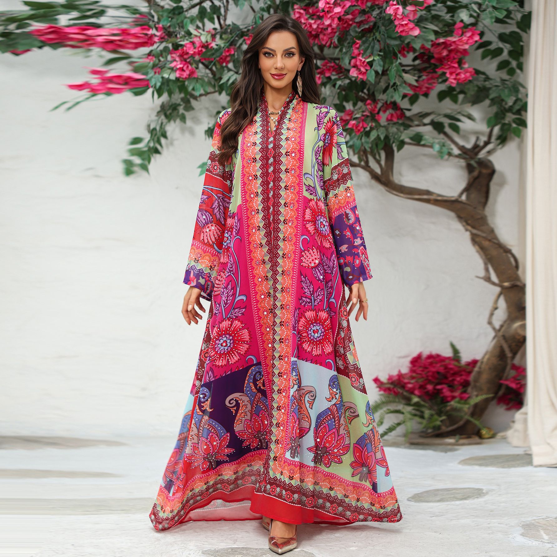 Floral Print V Neck Maxi Abaya Dress Detail