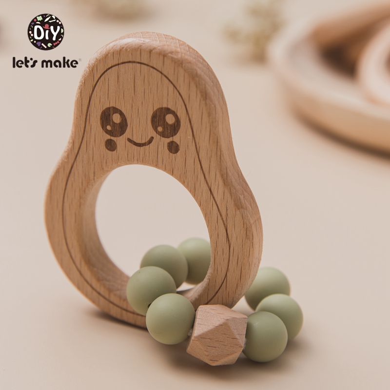 Let's Make 1PC Avocado Wooden Rodent Baby Teether Bracelet Silicone Beads Beech Accessories Toys Shower Gift Wood Rattles Nurse