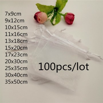 100pcs Organza Bags White Jewellery Bag Organza Jewelry Bag Drawstring Jewelry Packaging Bags 7x9 10x15 20x30cm Jewelry Pouches