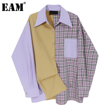 [EAM] Women Contrast Color Plaid Big Size Blouse New Lapel Long Sleeve Loose Fit Shirt Fashion Tide Spring Autumn 2021 1DA963