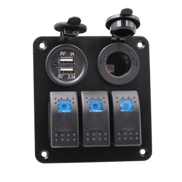 3 Gang Switch Panel 12 V Waterproof Boat Marine Car Rocker Control Switch Panel with Blue LED Light +Dual USB Charge Port