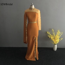 New Arrival High neck Gold Muslim Evening dress 2021 kaftan dubai Long sleeve Long dress Party evening gowns robe de soiree