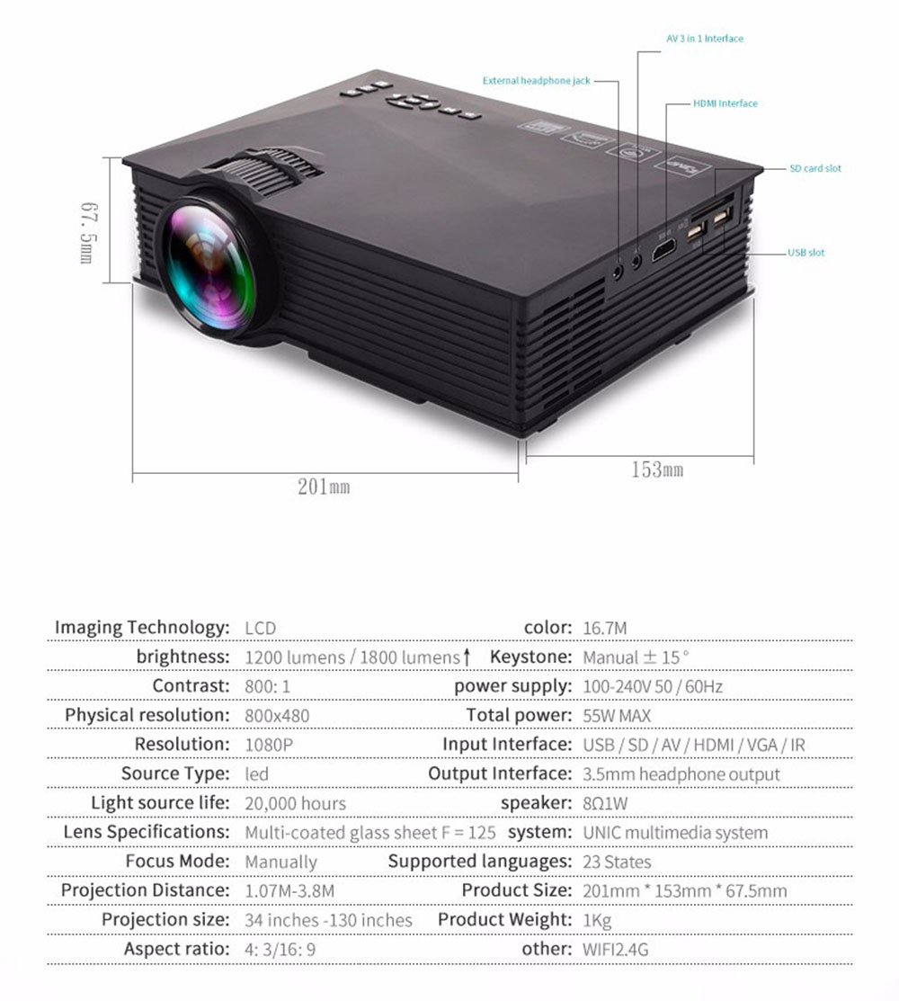 UNIC UC68 Mini Projector 1800 lumens LED ProjectorMultimedia Home Theatre HD 1080p Better Than UC46 Support Miracast Airplay