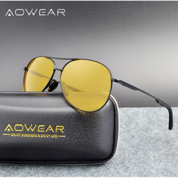 AOWEAR Brand Designer Night Vision Glasses Men Yellow HD Night Driving Day Night Polarized Pilot Sunglasses For Rainy Fog Day