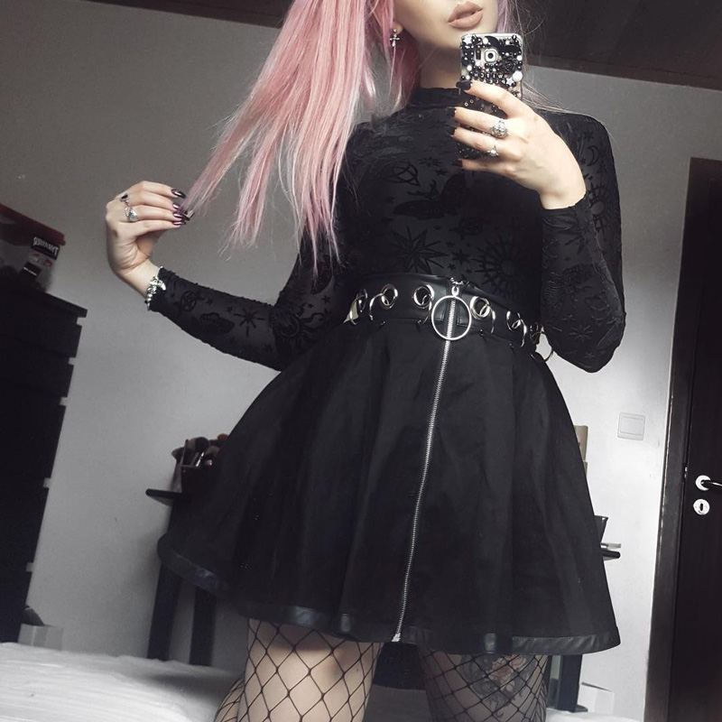 InsGoth Women Black Mini Skirts Gothic Punk Ring Zipper High Waist Female Streetwear Skirts Fashion Party A-line Skirt